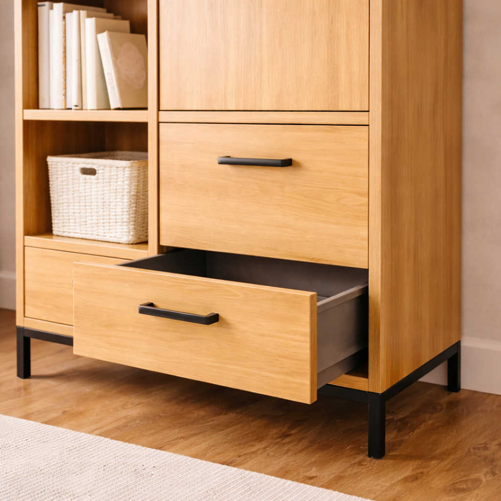 Wooden cabinet with open drawer on a wooden floor