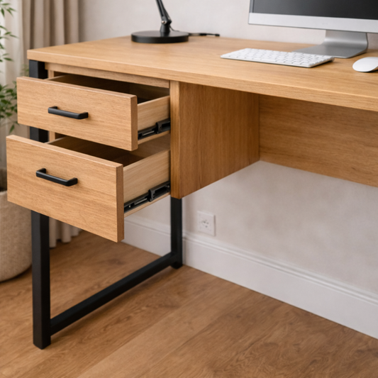 Wooden desk with two drawers, a computer monitor, keyboard, and mouse on a light wood floor.