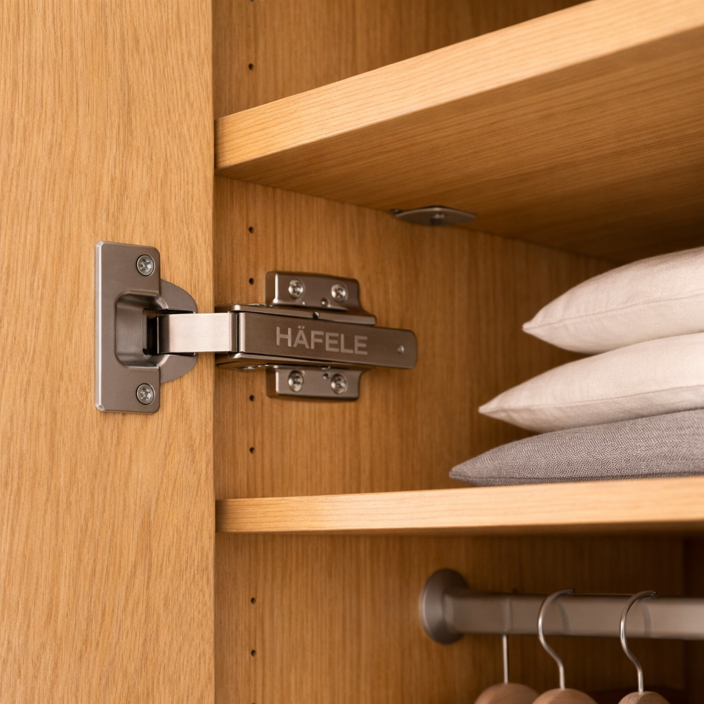 Hafele cabinet hinge on a wooden shelf with pillows and hangers in the background
