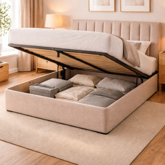 Beige upholstered bed with storage compartments in a bedroom setting