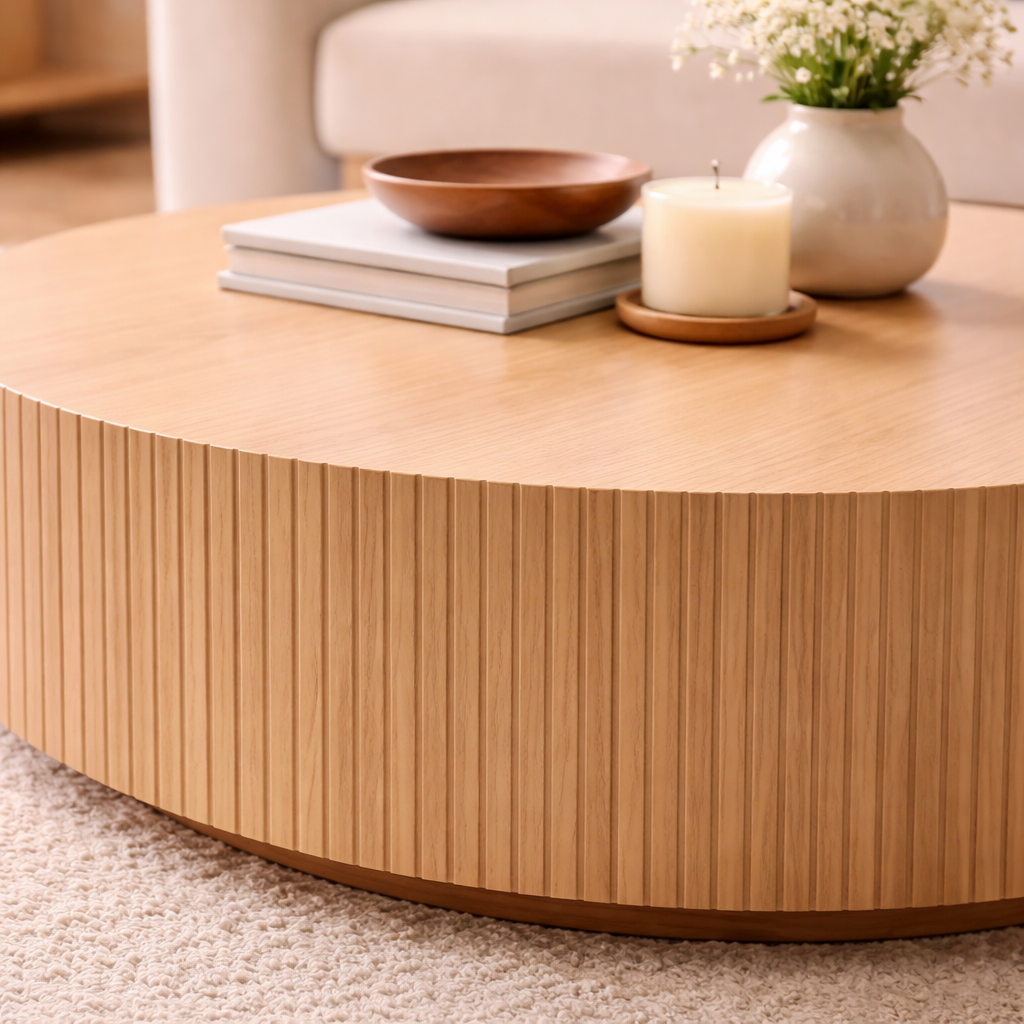 Wooden coffee table with decorative items in a living room setting