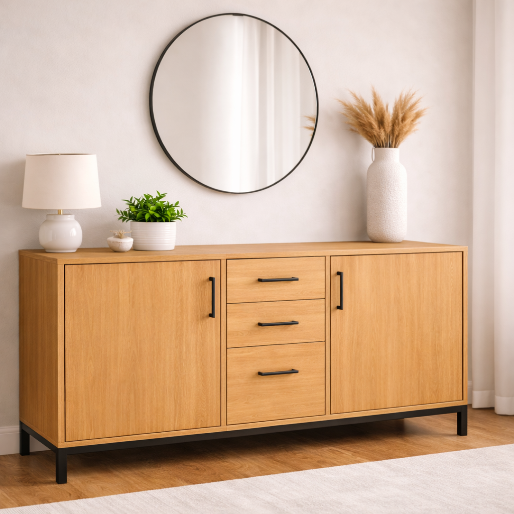 Wooden sideboard with round mirror and decorative items in a room.