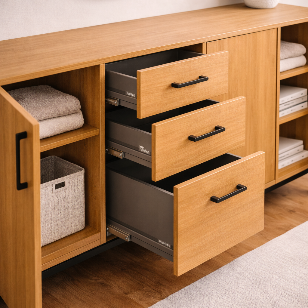 Wooden storage cabinet with open drawers and shelves.