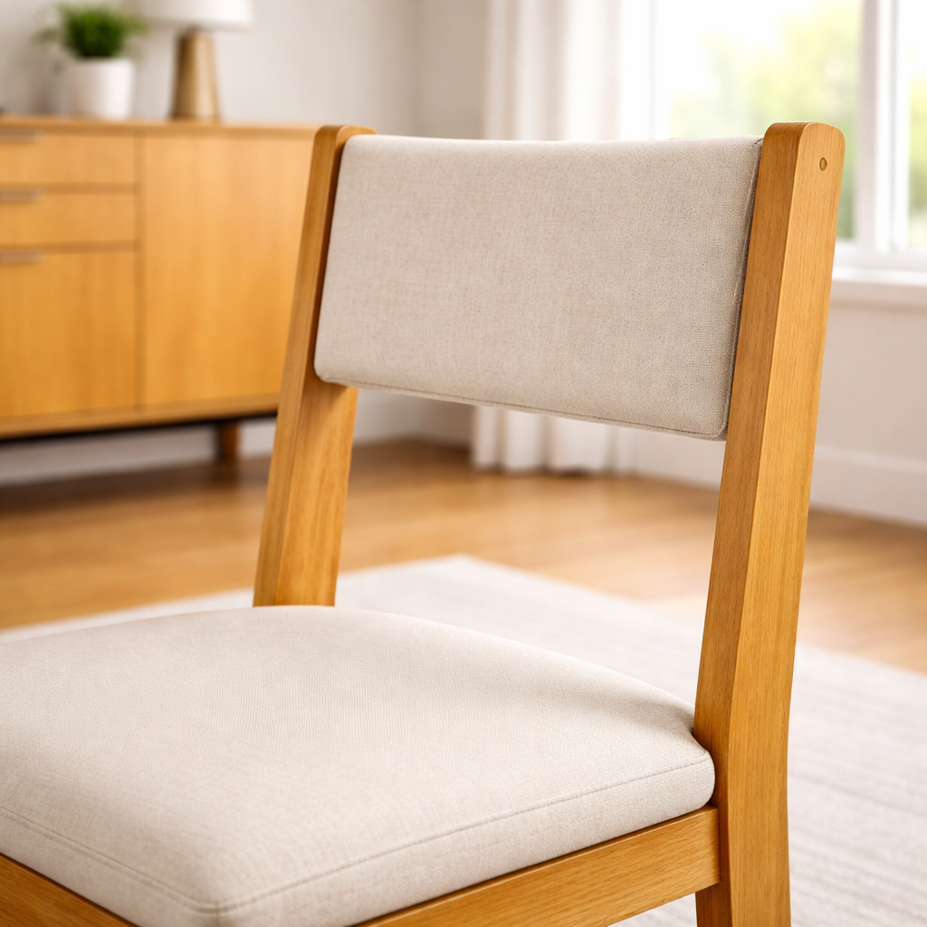 Wooden chair with beige cushion in a room with wooden floor and furniture.