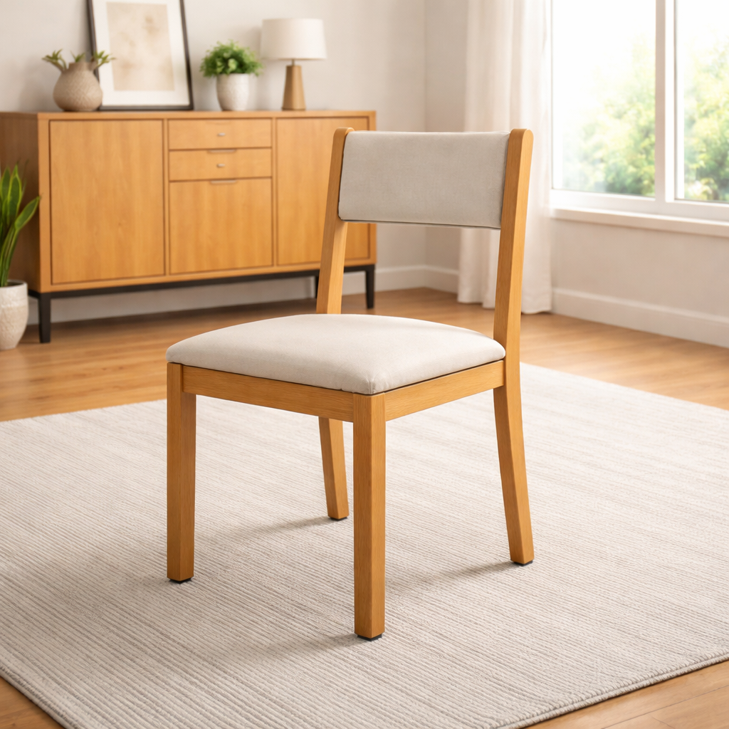Wooden chair with beige cushion on a light rug in a room with wooden furniture and plants.