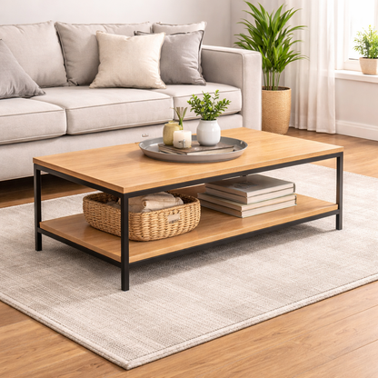 Wooden coffee table with decorative items in a living room setting