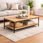 Wooden coffee table with decorative items in a living room setting