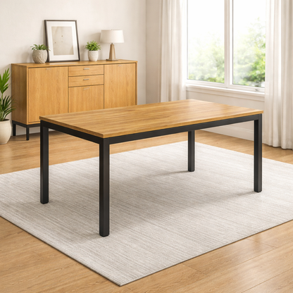 Wooden dining table with black legs in a room with a sideboard and window.