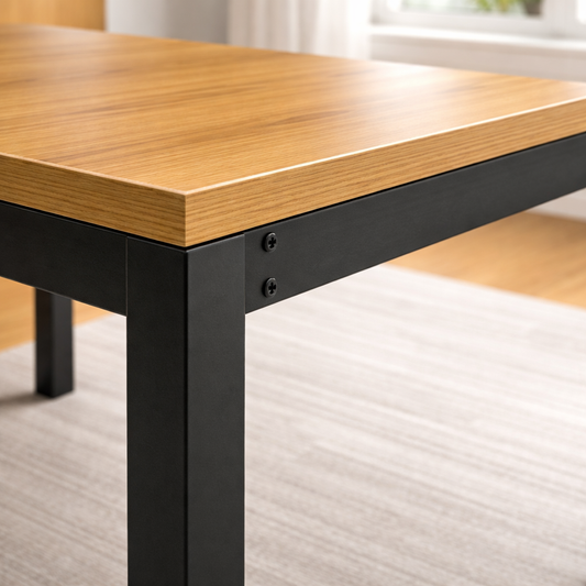 Wooden table with black metal legs on a light-colored floor.