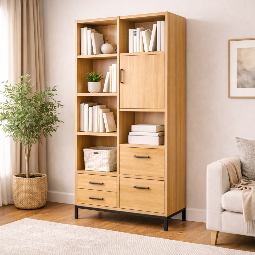 Wooden bookshelf with books and decor in a living room setting