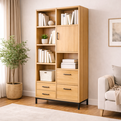 Wooden bookshelf with books and decor in a living room setting
