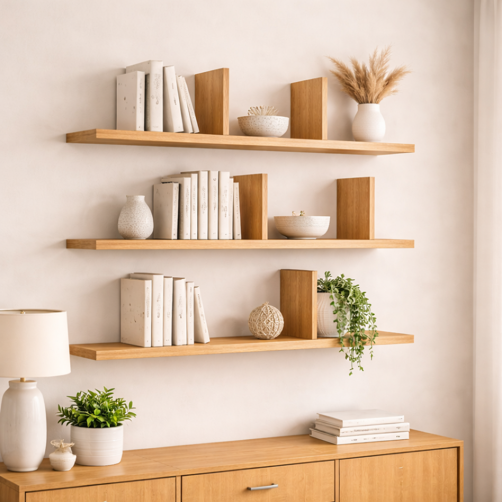 Wooden shelves with books and decorative items against a light wall.