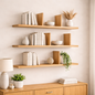 Wooden shelves with books and decorative items against a light wall.