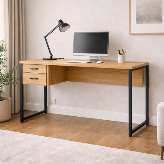 Wooden desk with black legs in a home office setting