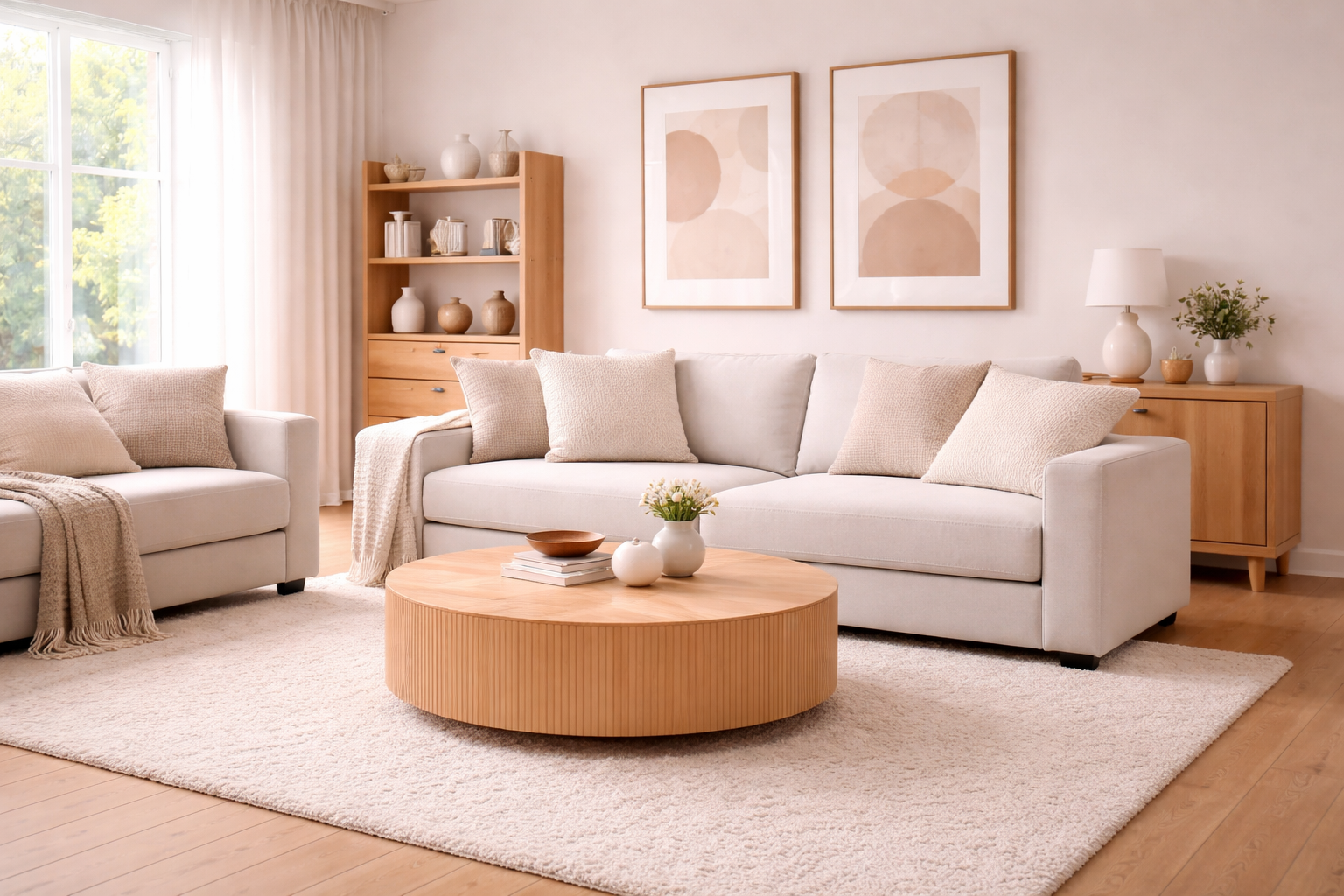 Modern living room with white sofa, wooden coffee table, and framed artwork on the wall.