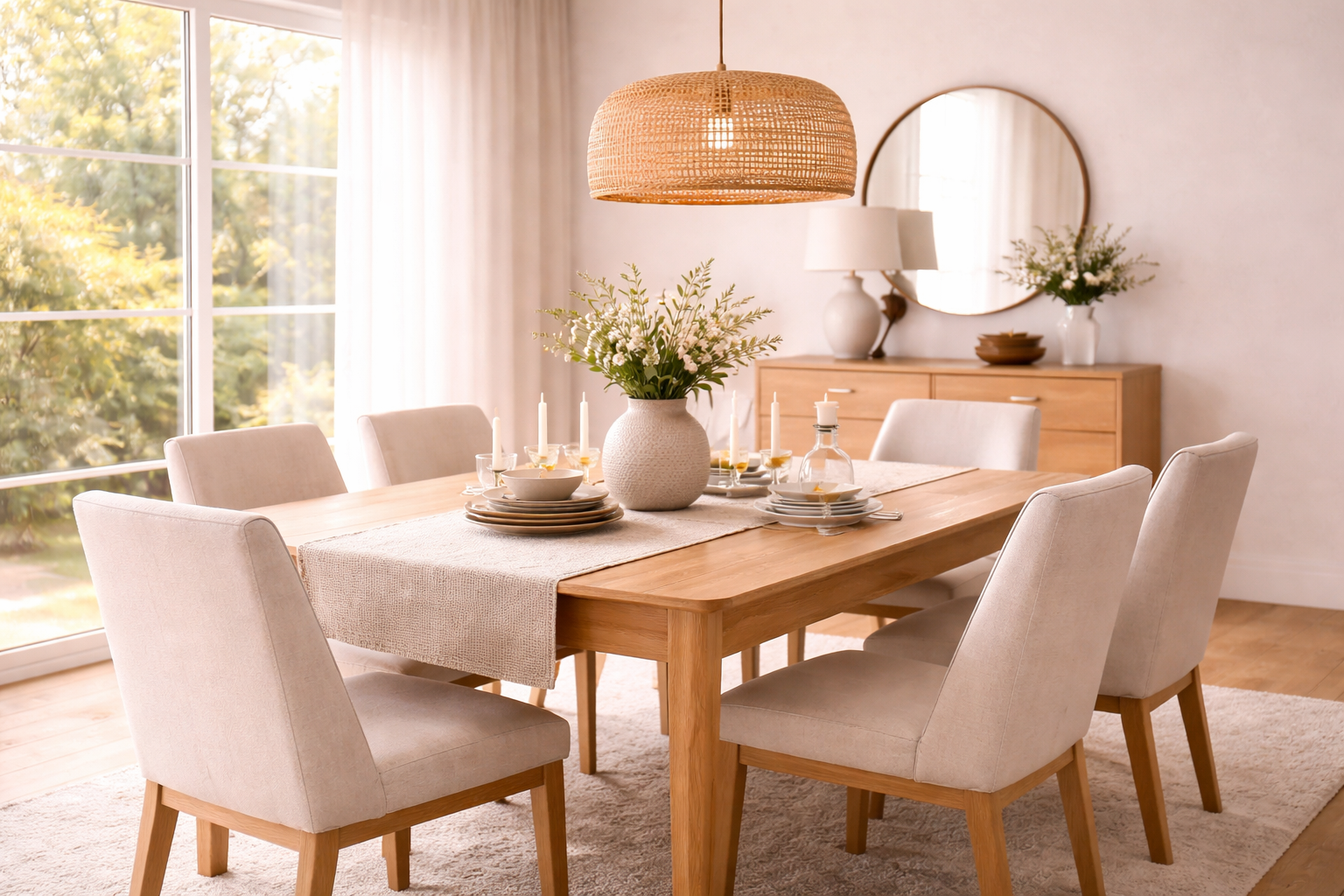 Dining room with wooden table and chairs, decorative elements, and natural light.