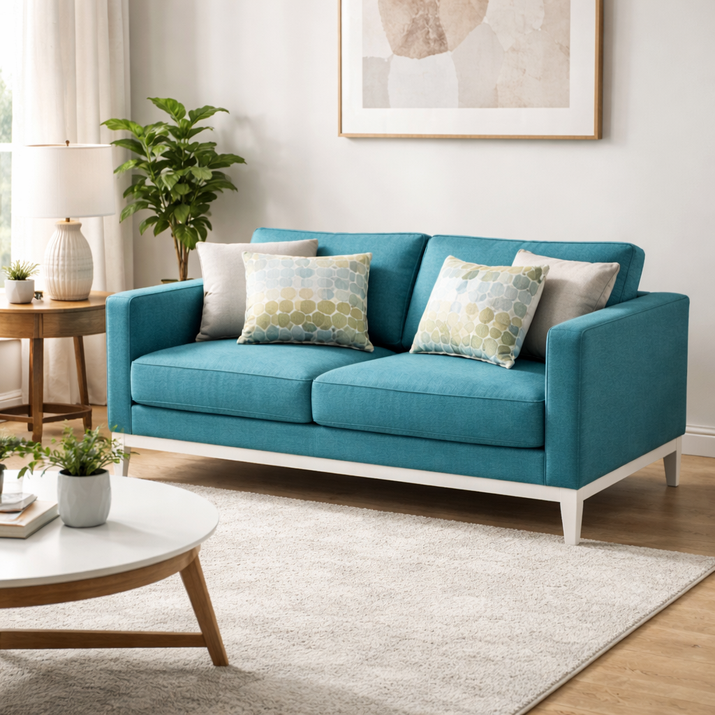 Blue sofa in a living room with decorative pillows and a coffee table.