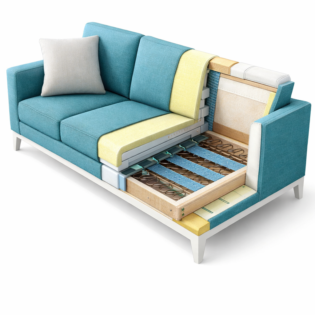 Blue and yellow sofa with a bed mechanism on a white background