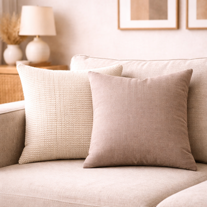 Beige pillows on a sofa in a living room setting with a lamp and decor.