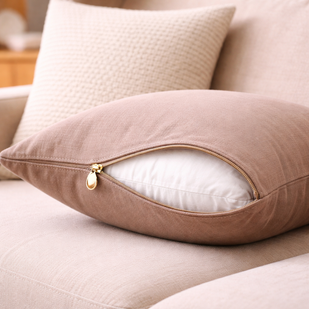 Brown pillow with a zipper on a beige sofa