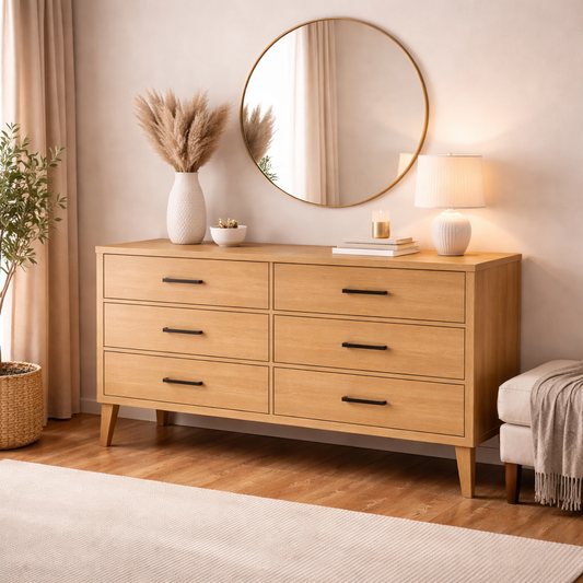 Wooden dresser with decorative items in a bedroom setting