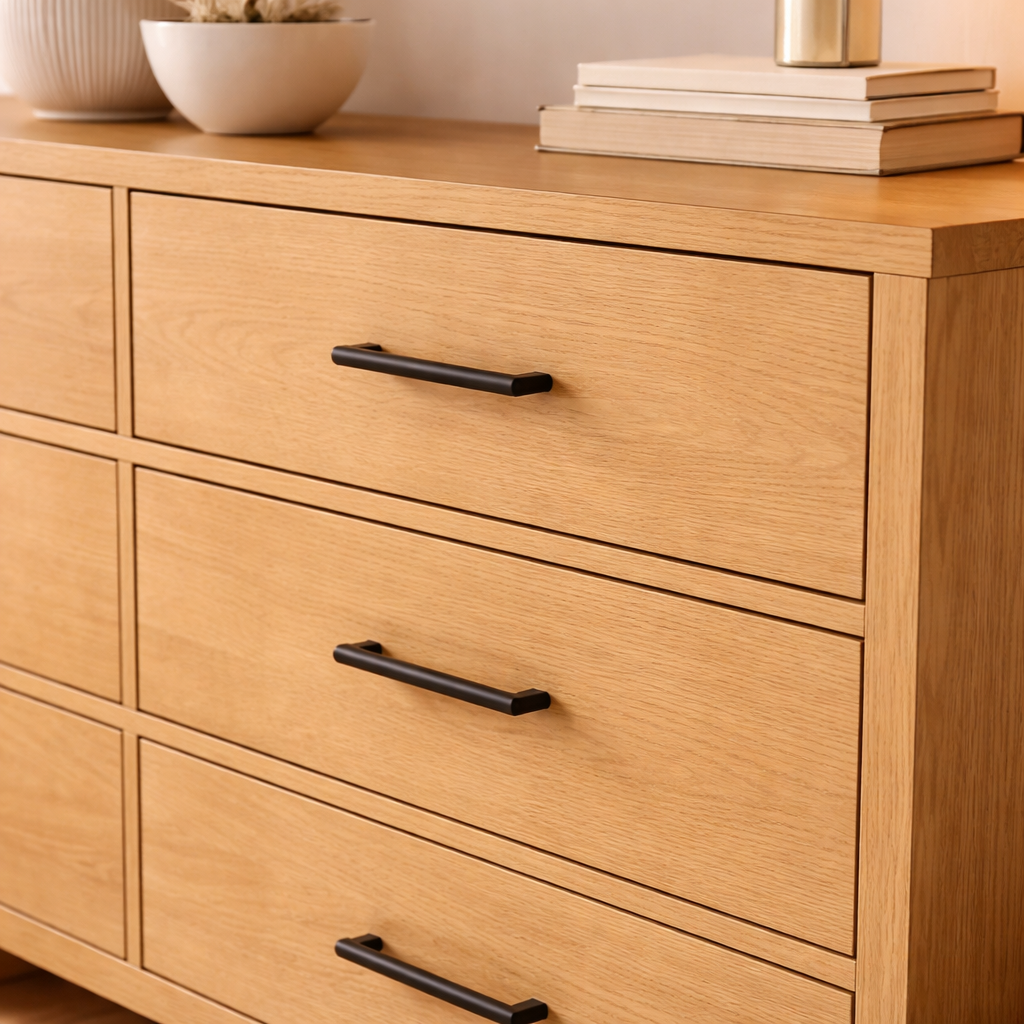 Wooden dresser with black handles and decorative items on top