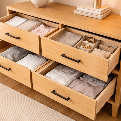 Wooden dresser with open drawers containing folded clothes and jewelry.
