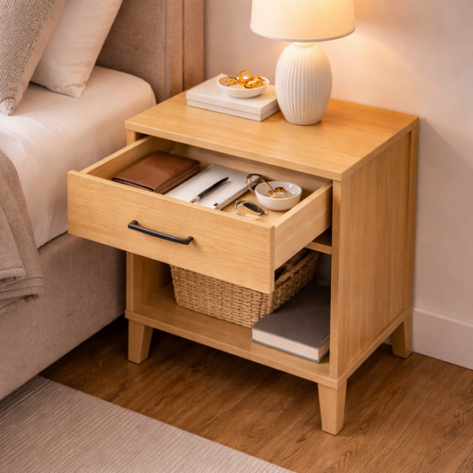 Wooden nightstand with open drawer in a bedroom setting