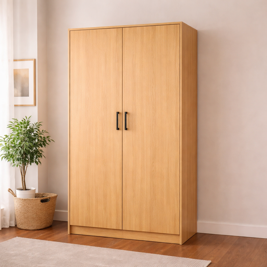 Wooden wardrobe with two doors in a room with a plant and basket.
