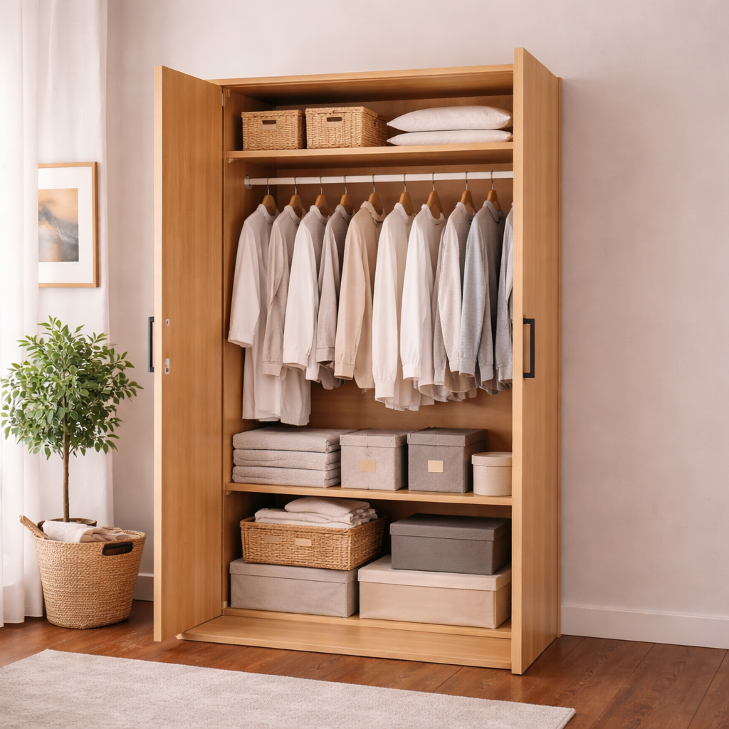 Wooden wardrobe with clothes and storage boxes in a room with a plant and rug.