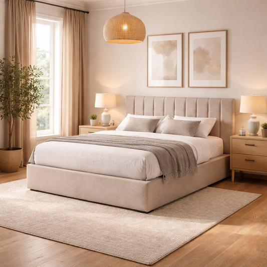 Neatly made bed in a bedroom with matching headboard and nightstands.