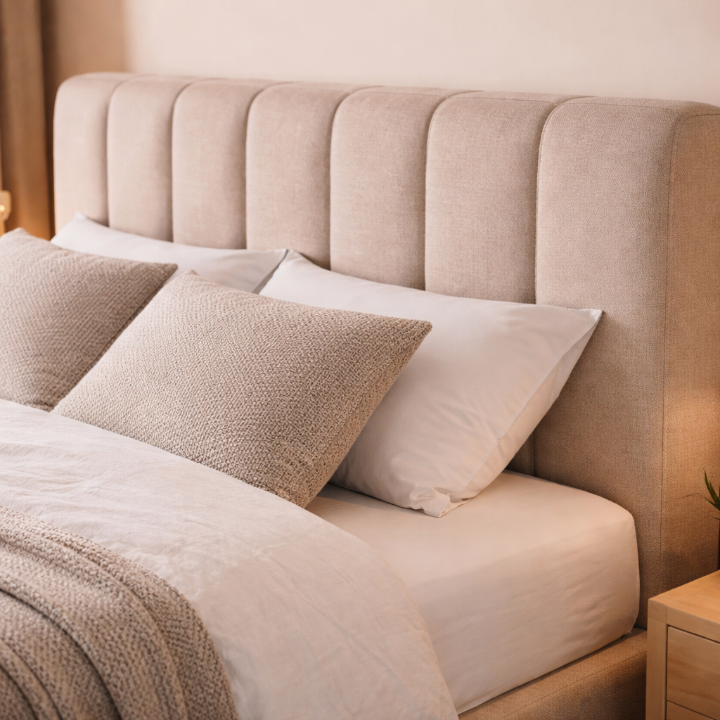 Neatly made bed with beige pillows and headboard in a bedroom setting