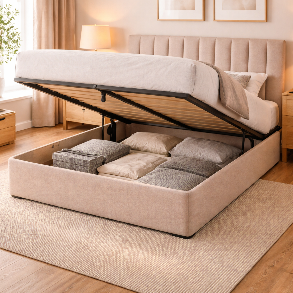 Beige upholstered bed with storage compartments in a bedroom setting
