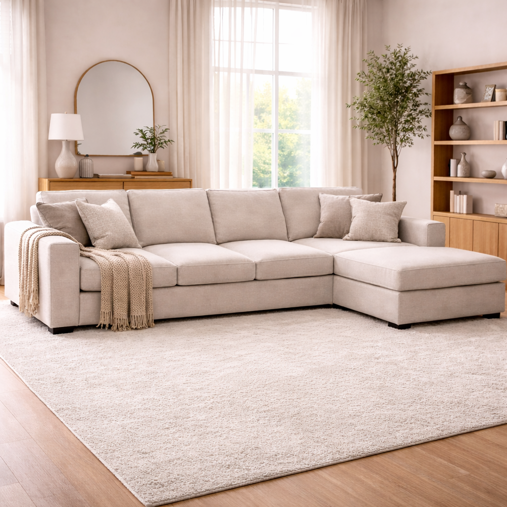 Beige sectional sofa in a living room with a rug and decorative items.