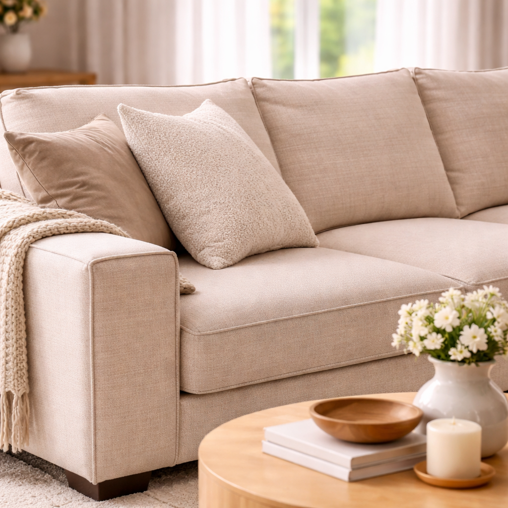 Beige sofa with cushions in a living room setting
