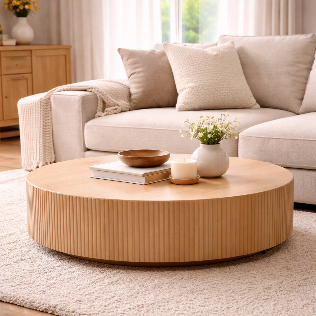 Round wooden coffee table in a living room with decor items.