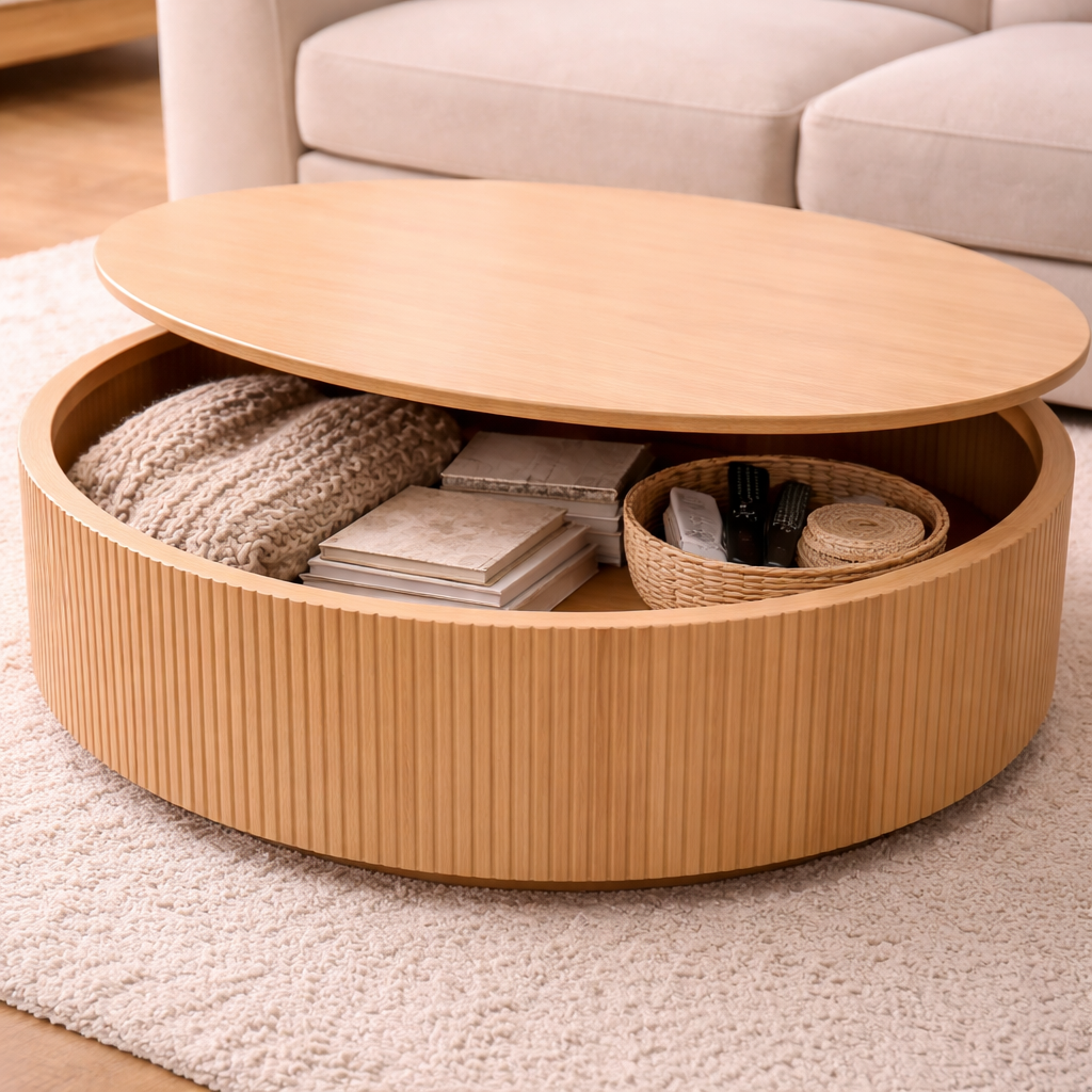 Round wooden coffee table with storage compartments in a living room setting.