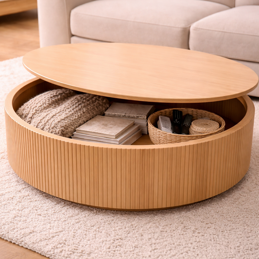 Round wooden coffee table with storage compartments in a living room setting.
