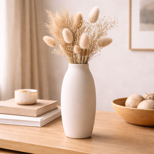 White vase with dried plants on a wooden table, with books and a bowl in the background.