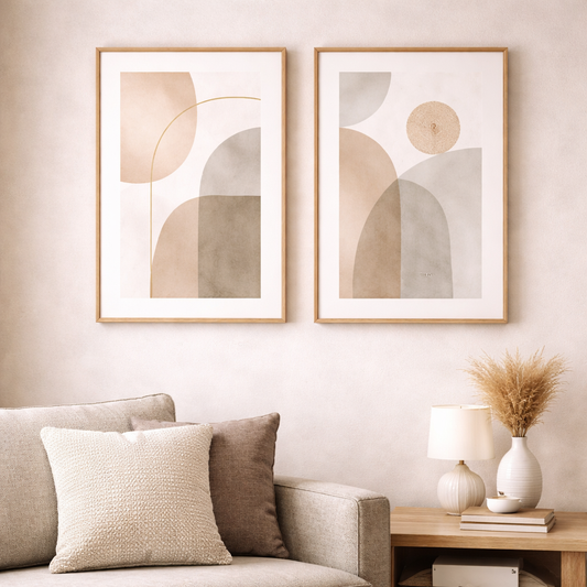 Living room with abstract art on the wall, a sofa, and decorative items.